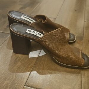 Maripe Brown Leather Open-Peep Toe Block Heel Mules